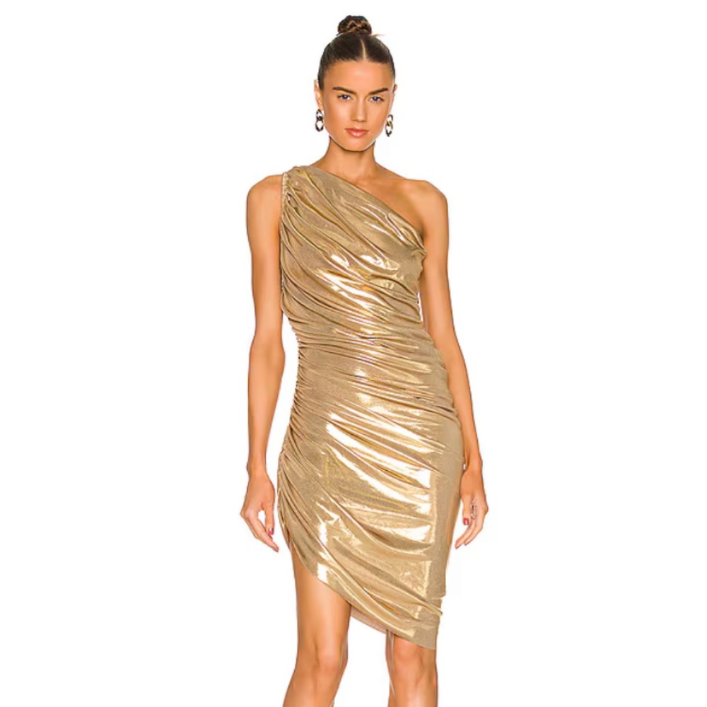 NWT Norma Kamali Diana Mini Dress One Shoulder Gold Size Large